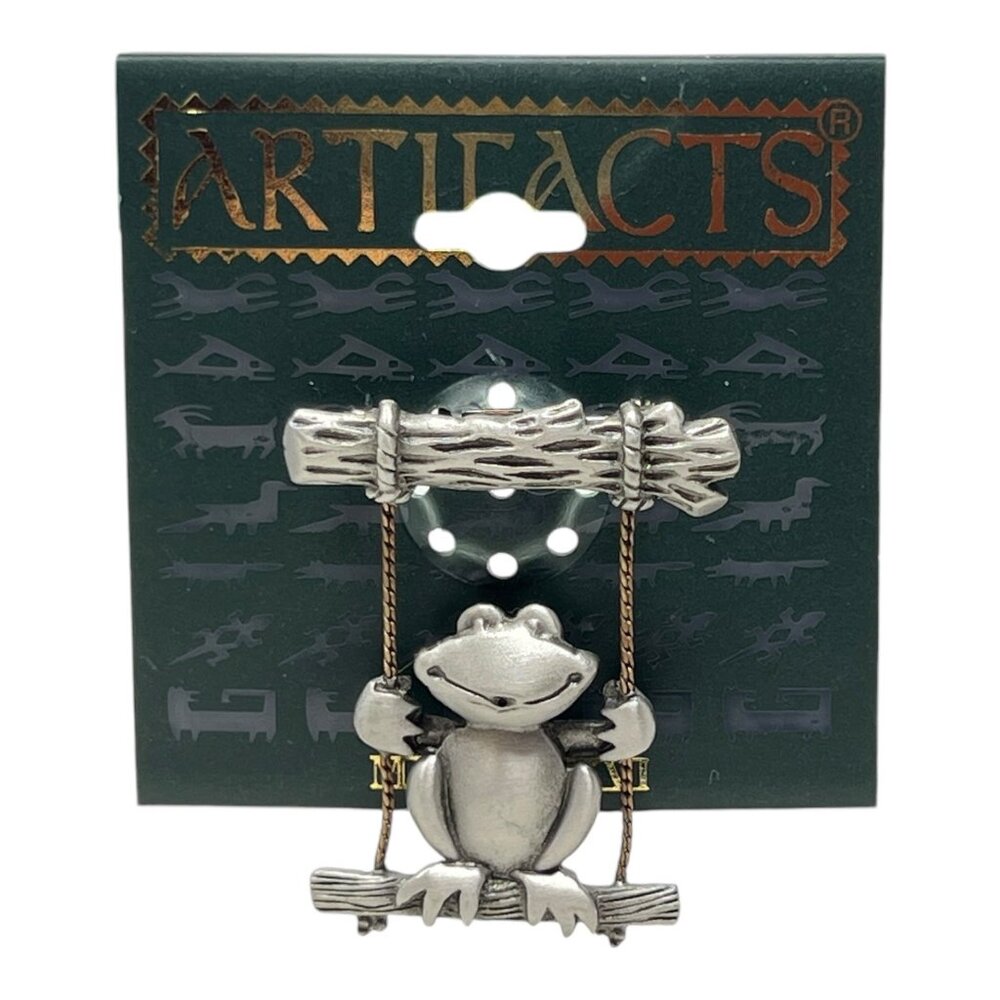 JJ Artifacts Frog On Rope Swing Silver Tone Articulated Pin Brooch 1986 Vintage